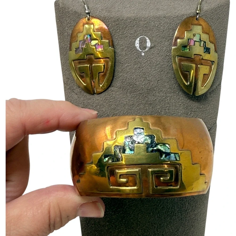 1980s CORBE Mexico Brass Abalone Cuff Bracelet & Earrings Geometric Dangle